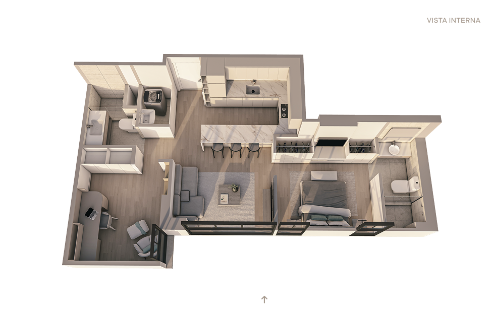 Plano 3D del departamento X08 del proyecto Reducto Aster Homes en Miraflores con distribución eficiente de 2 dormitorios. 