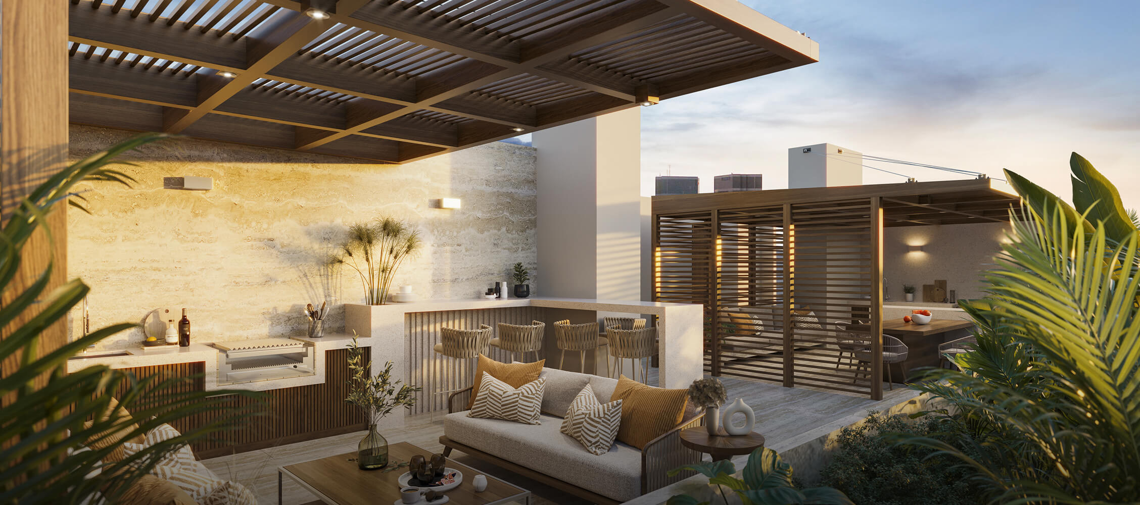Zona de parrilla del proyecto Reducto Aster Homes en Miraflores con terraza amplia y mobiliario moderno.