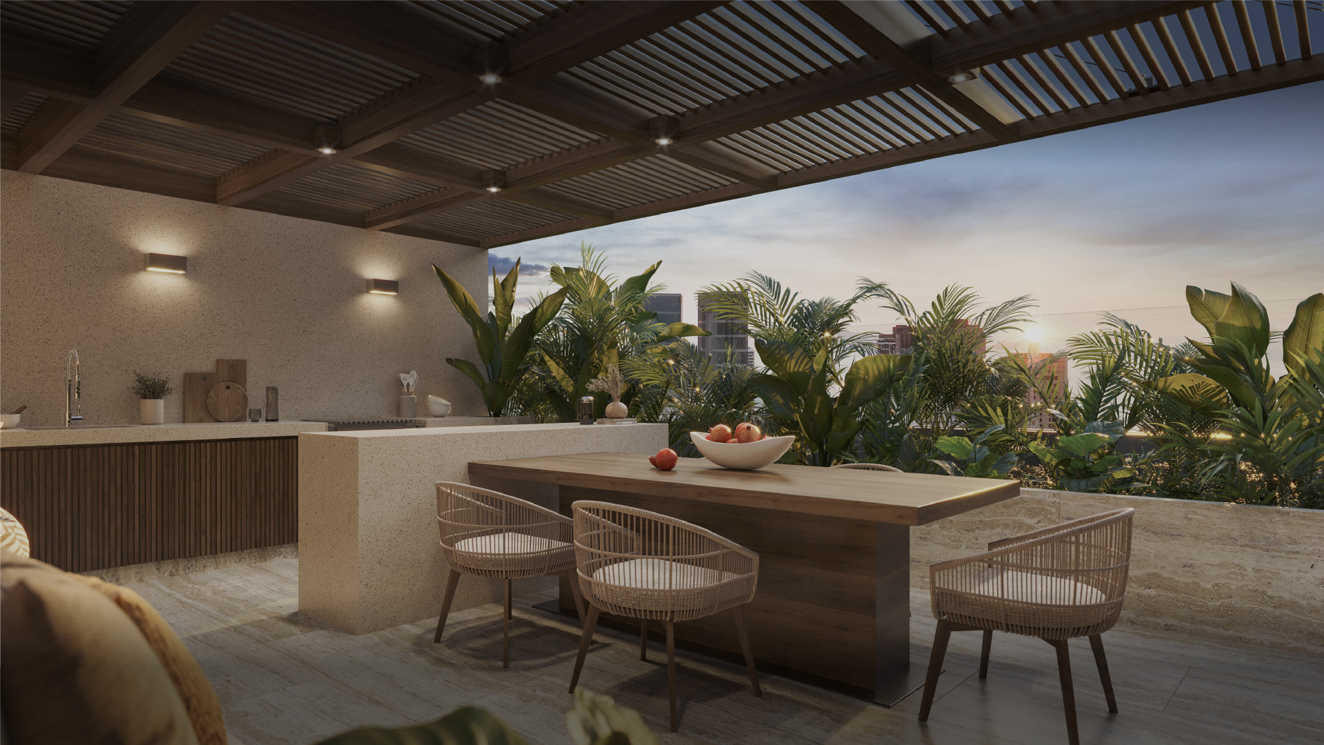 Barra del proyecto Basadre de Aster Homes con revestimientos en mármol, iluminación cálida y mobiliario de diseño.