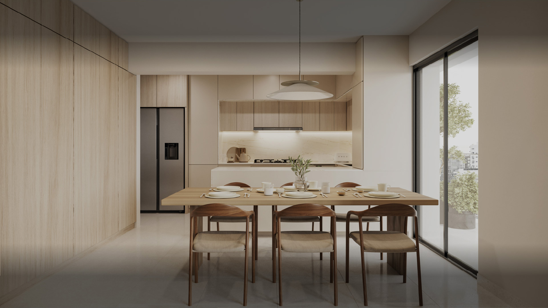 Living del proyecto Basadre de Aster Homes con acabados de lujo, ventanales panorámicos y vista a jardín vertical.