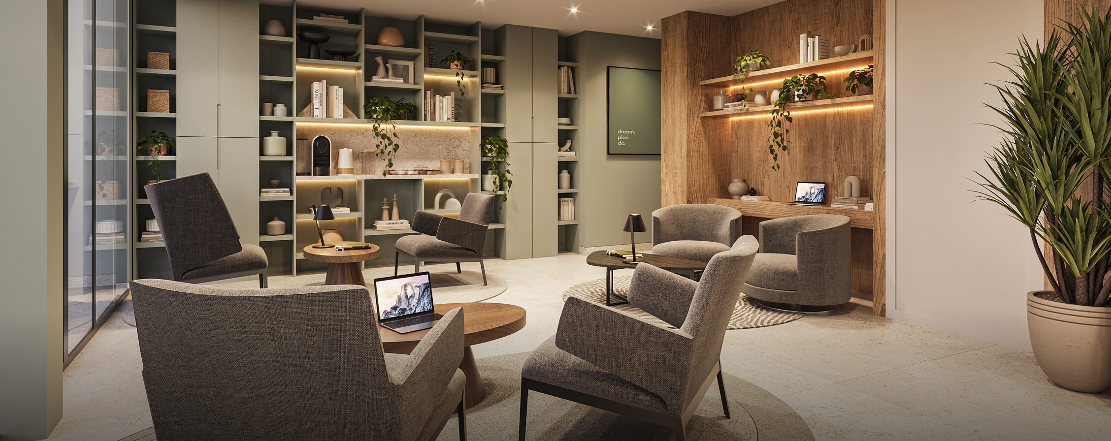 Sala del proyecto Reducto de Aster Homes con acabados premium, diseño contemporáneo y área de coworking elegante.