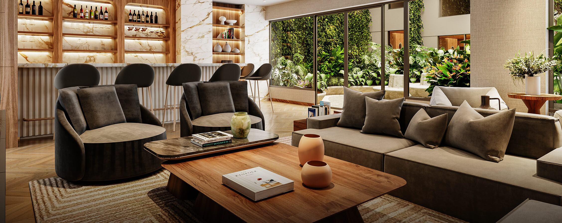 Living del proyecto Basadre de Aster Homes con acabados de lujo, ventanales panorámicos y vista a jardín vertical.